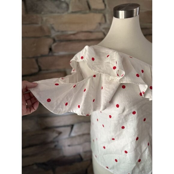 Mi Ami Francesca’s Piper Cold Shoulder Red White Polka Dot Ruffle Top Sz S Linen - Picture 5 of 12